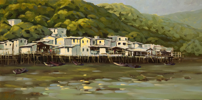 stilt houses (3)   <br/>oil on canvas   <br/>100 cm (w) x 50 cm (h)   <br/>2014